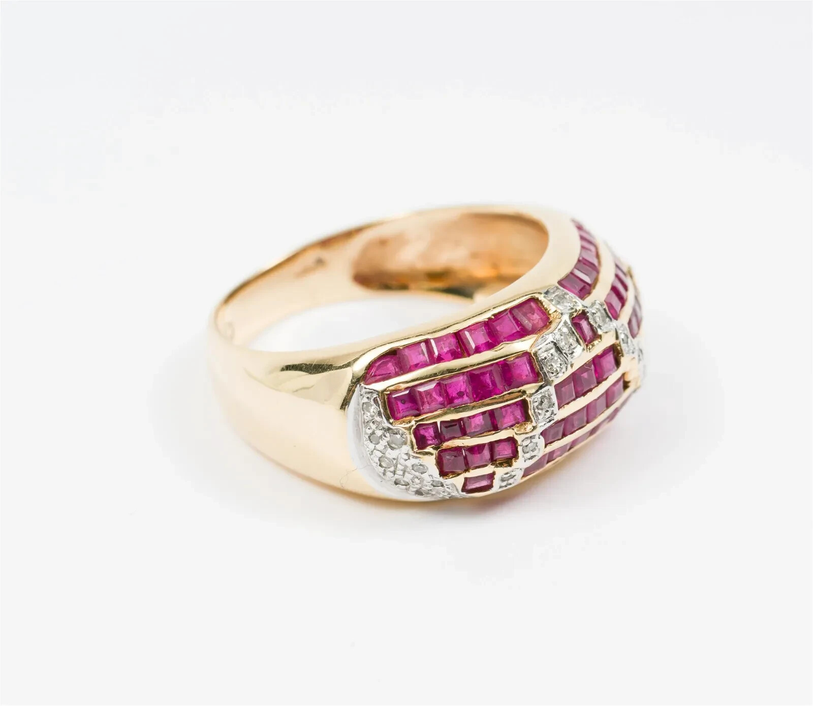 Solid 18K Yellow Gold Checkered Ruby Diamond Ring… - image 1