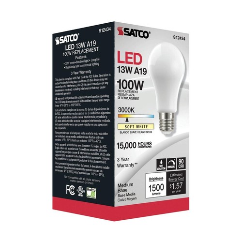 Satco S12434 - 13.5 Watt A19 Soft White LED Bulbs - 3000K - 120 Volt (6 pack) - Picture 3 of 5