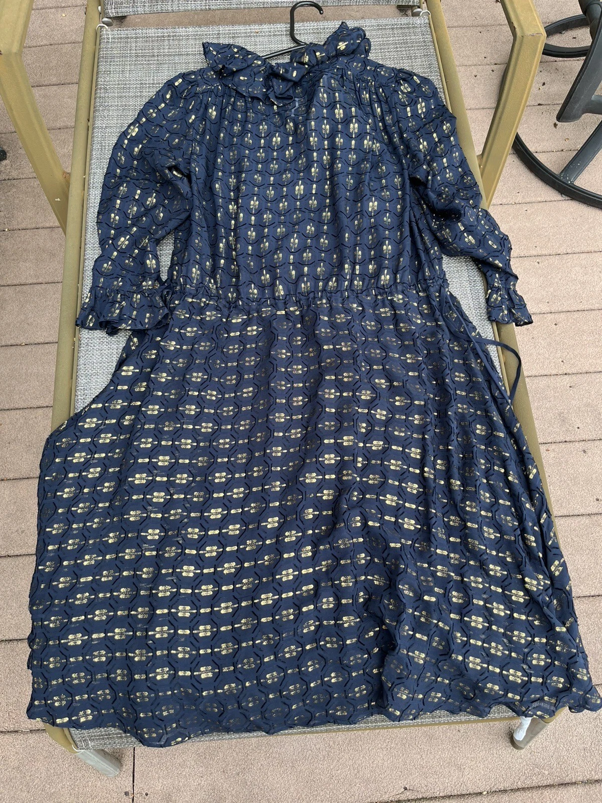 ABITO NUOVO SENZA ETICHETTE TORY BURCH GELSOMINO MISTO SETA VOLANT RIGHE METALLIZZATE BLU NAVY tg 0 $498