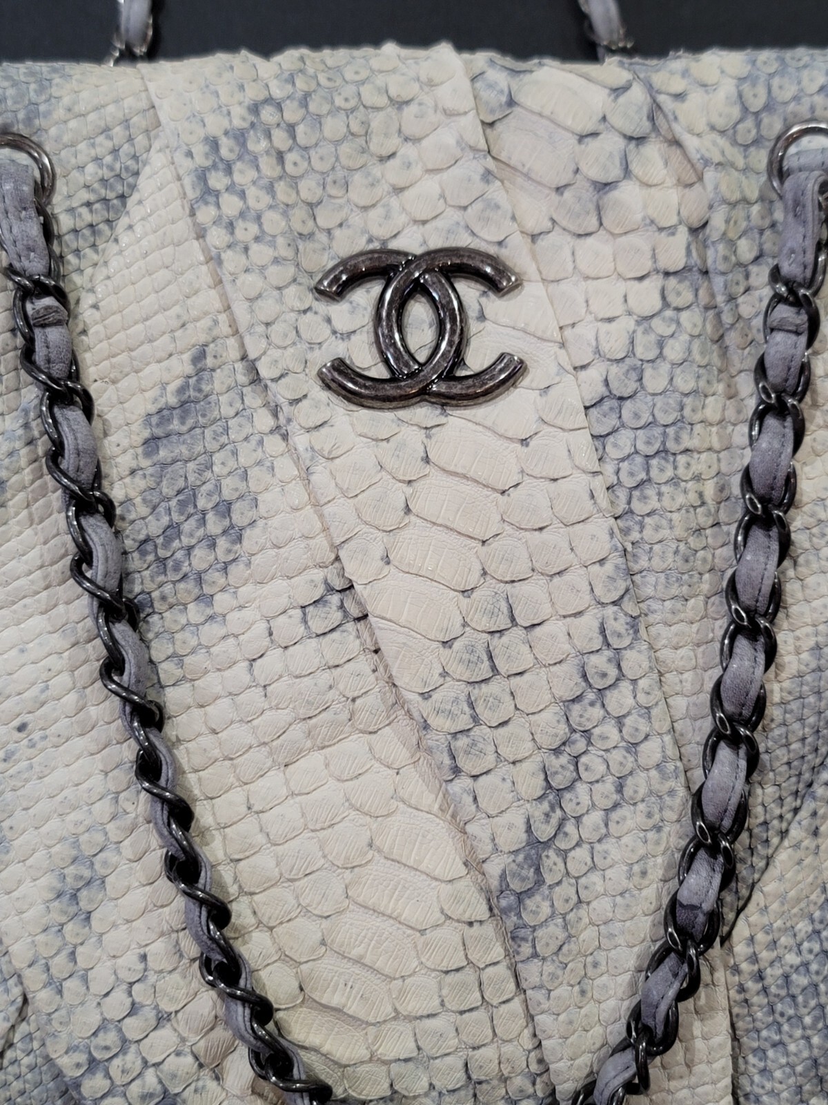 Chanel PYTHON SKIN LEATHER LARGE HANDBAG GRAY CRE… - image 2