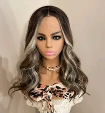 Brown Blonde Ombre Wig HD Front Lace Human Hair Blend Highlights  Wavy Curly