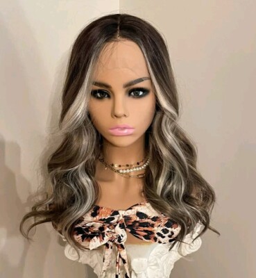 Brown Blonde Ombre Wig HD Front Lace Human Hair Blend Highlights  Wavy Curly