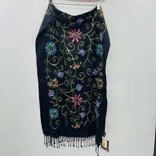 Cejon Womens Floral Embroidered Rectangle Neck Scarf with Fringe Viscose Black