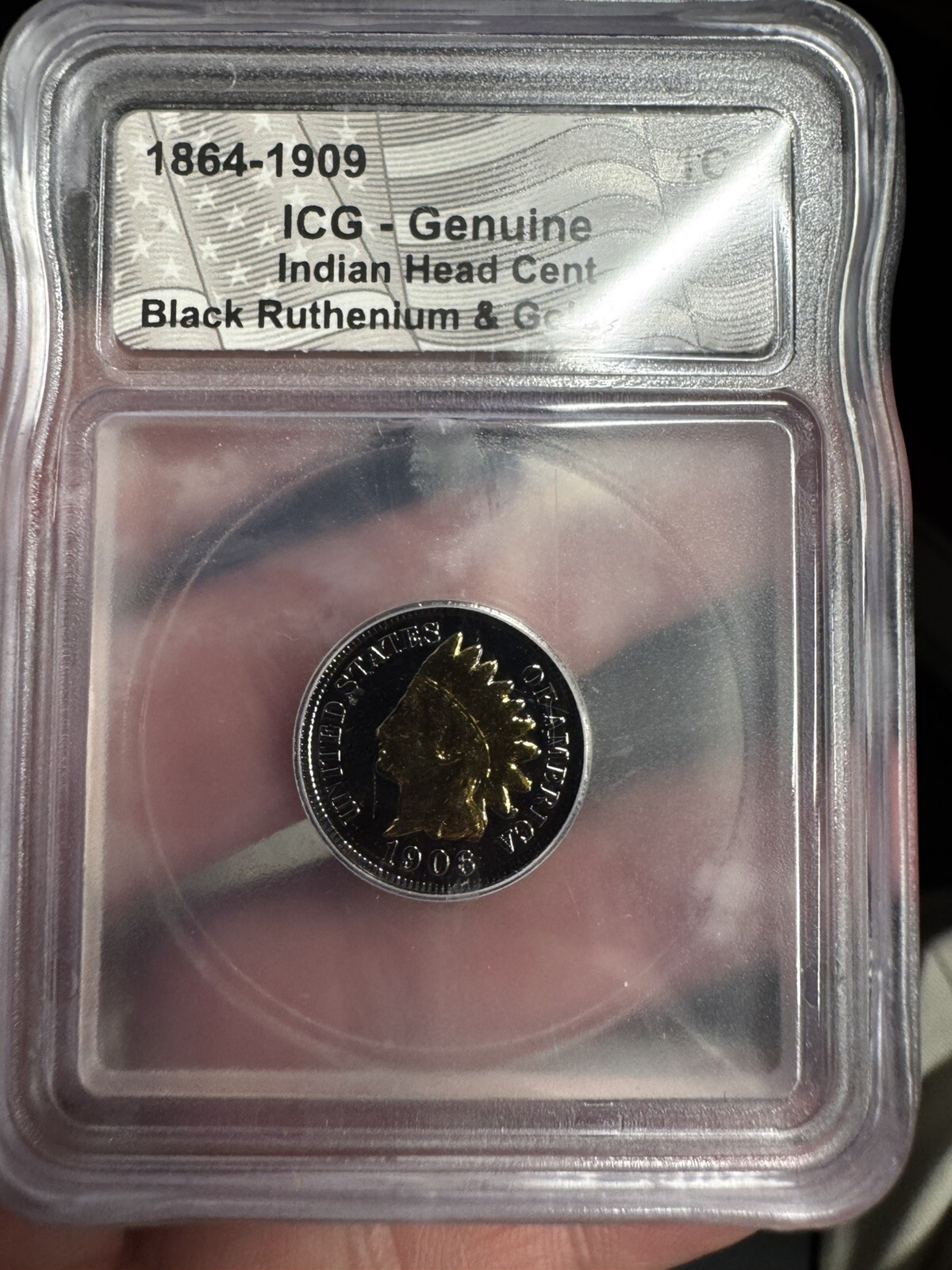 Genuine ICG 1908  INDIAN HEAD CENT PENNY Full Head Coin BLACK RUTHENIUM 24K Gol