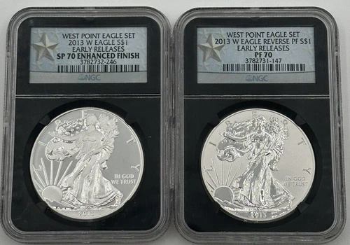 2013 W Reverse PF Silver Eagle NGC PF70 & Enhanced SP70 2 Coin West Point Set*SC