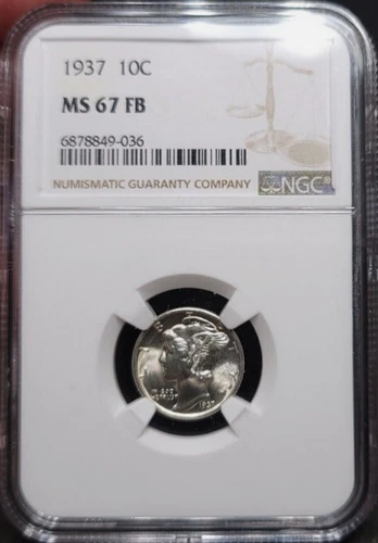 :1937-P S10C MERCURY DIME NGC MS67FB RARITY R3 BLAST WHITE LOW POP HIGH GRADES
