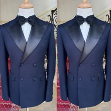 Navy Blue Men Suit Peak Lapel Double Breasted Evening Party Wedding Groom Tuxedo