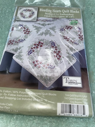 Tobin Home Crafts Bleeding Hearts Quilt Blocks Stamped For Embroidery New Sealed