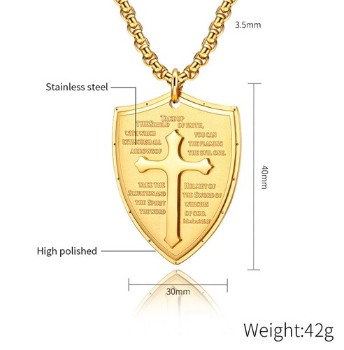 Men Cross Pendant Necklace Stainless Steel Shield Armor of God Ephesians Bible - Picture 7 of 18