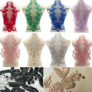 1 Pair Embroidered Lace Applique For Bridal Dress Gown Sew Patch Fabric DIY 