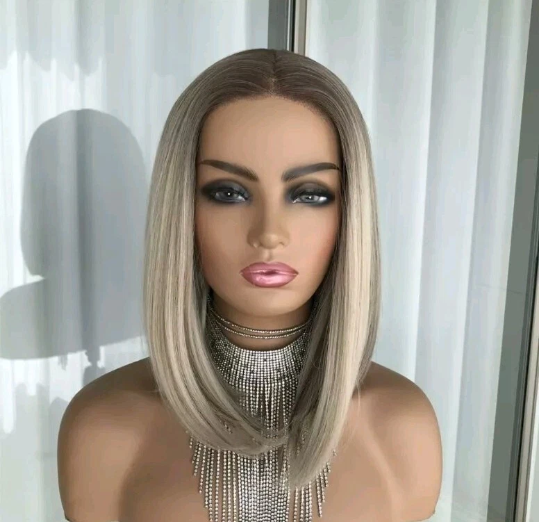 Peluca Rubia Platino Cabello Humano Mezclas Cortas Rectas Bob Capas Encaje Natural Foto 2 de 4