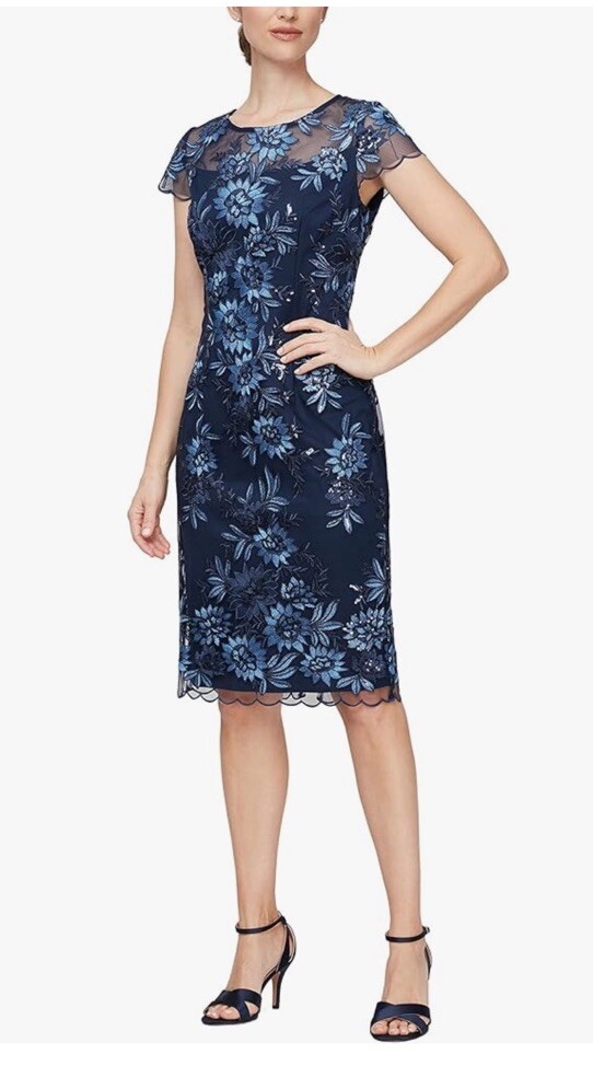 Alex Evenings Women's Navy Dress Embordered Sequin Detail Cocktail