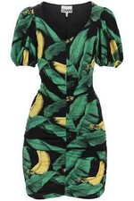 GANNI Dress Womens Size 36 Green Puff Sleeve Ruched Mini Pullover Stretch BANANA
