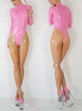 Latex Rubber Gummi crotch step-zip Pink Transparent bodysuit 0.4mm
