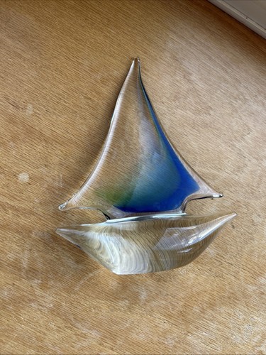 Hand blown glass Sailboat Blue Green Paperweight Nautical Display Sailing Boat - Picture 7 of 10