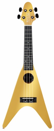 Ukulele Soprano Acustica Design Heavy Flying-V Corpo Uke in Legno Tiglio Oro - Foto 3 di 5