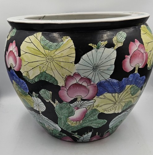 Vintage Hand Painted Floral Chinese Koi Fish Bowl Planter Pot Jardiniere - Picture 12 of 21
