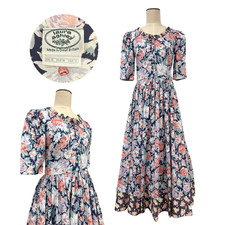 Vintage 1980s Laura Ashley Navy Pink Floral Button Front Maxi Dress