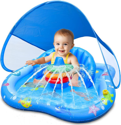 Baby Play Mat with Sprinkler, Inflatable Baby Pool Float with Canopy Backrest &