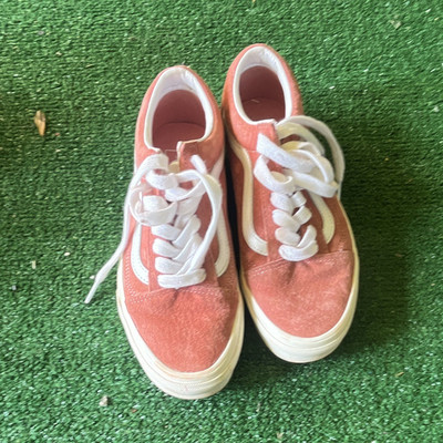 VANS Girls Pink/White Low Top Canvas Lace-Up Sneakers Solid Round Toe Logo