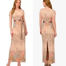 Adrianna Papell Matelasse Floral Column Gown Size 14P Blush Multi Textured Maxi