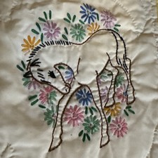 Vintage Hand Embroidered Handsewn Animals Baby Blanket 33.5 X 41  