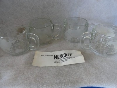 Vintage Nestle Nescafe World Globe Frosted Glass Coffee Mugs Cups - Set of 4 new