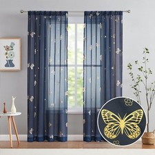 Butterfly Sheer Curtains Navy Blue Drapery with Gold Print Pattern 84 Inch
