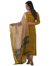 GoSriKi Women's Chanderi Cotton Straight Printed Kurta with Pant & Dupatta