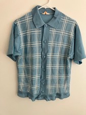 Vintage Men's Rockabilly Button Up Polo Shirt Small / Medium Blue 60s 70s