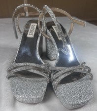 Badgley Mischka Sandals Womens Size 9 Silver Rhinestone Strappy Block Heel Shoes