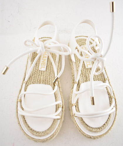 Chanel 20S White Lambskin CC Logo Mules Lace Up Tie Sandal Espadrille Flat 36 - Picture 14 of 21