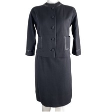 VTG 60s Jackie O Skirt Set Black Wool Knit Classic Satin Trim SZ 10 FLAWS