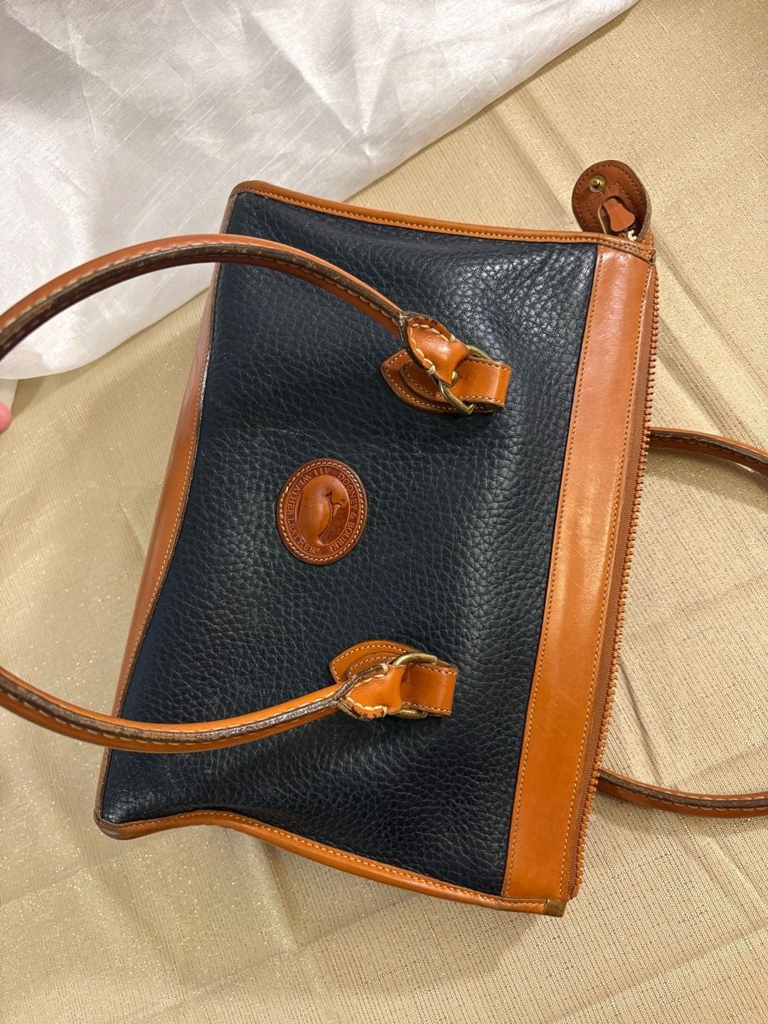 Vintage Dooney & Bourke All Weather Leather East West Satchel Navy Blue and Tan image 7