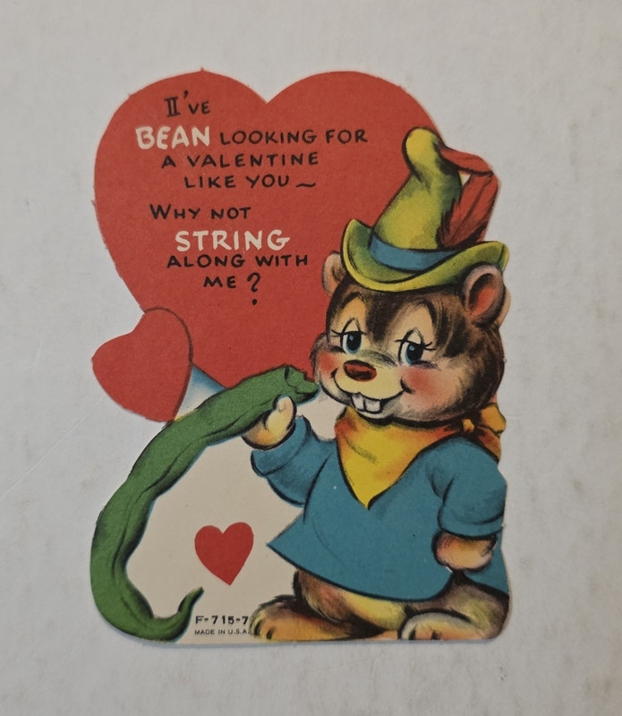 Vintage Valentine’s Day Card Anthropomorphic Mouse W Green Bean 