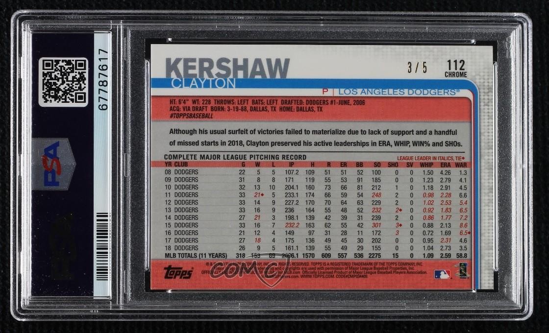 2019 Topps Chrome Image Variation Red Refractor 3/5 Clayton Kershaw PSA 9 MINT view 2
