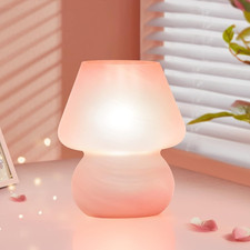 Mushroom Lamp Cute Table Lamp for Bedroom Nightstand Soft Light Pink, Small Glas