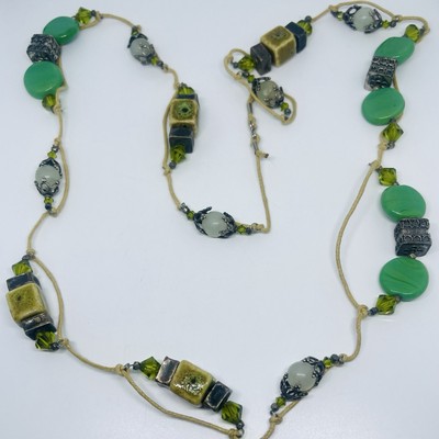 Green Goddess Boho Mixed Material Hand Tied Necklace Ceramic Crystal Silver Bead
