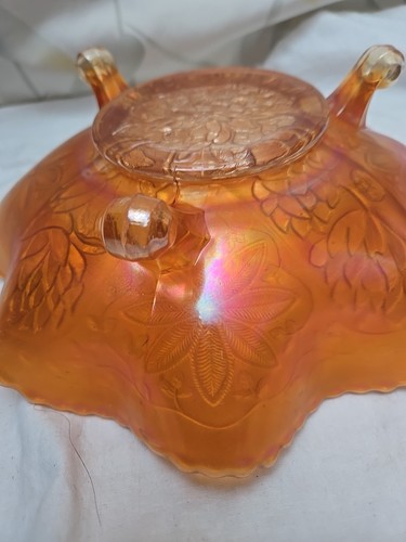 Vintage Fenton Water Lily Large Ball Footed Ruffled Bowl Glass 10" Marigold - Picture 7 of 11