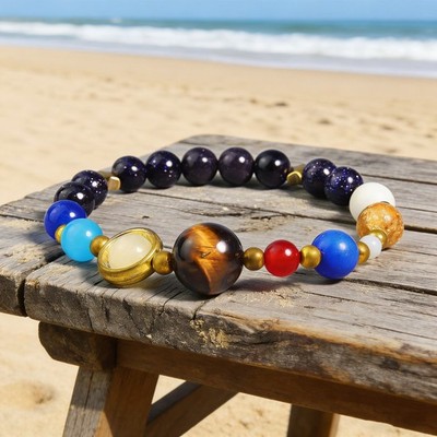 Solar System Stretch Bracelet Natural Blue Goldstone 8 Planets Guardian Jewelry