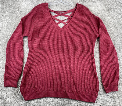 Hippie Rose Knit Sweater Women's Size M Burgundy Long Sleeve V-Neck Lace Up