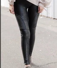SPANX Faux Leather Moto Leggings Black High Rise Shaping Pants Size M