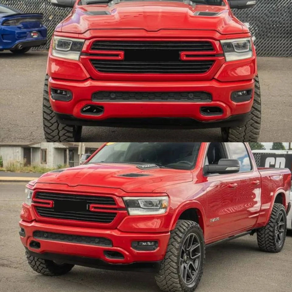 PR4 Flame Red Steel Front Bumper Face Bar & Grille for 2019-2024 RAM 1500 W/ Fog Foto 2 de 4