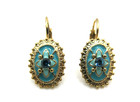 Victorian Style Turquoise Blue Rhinestone Enamel Drop Earrings Brass Vintage