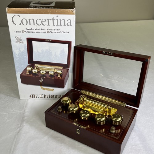 Mr. Christmas Concertina Wooden Music Box 5 Brass Bells 50 Songs w/Key Charity - Picture 8 of 16