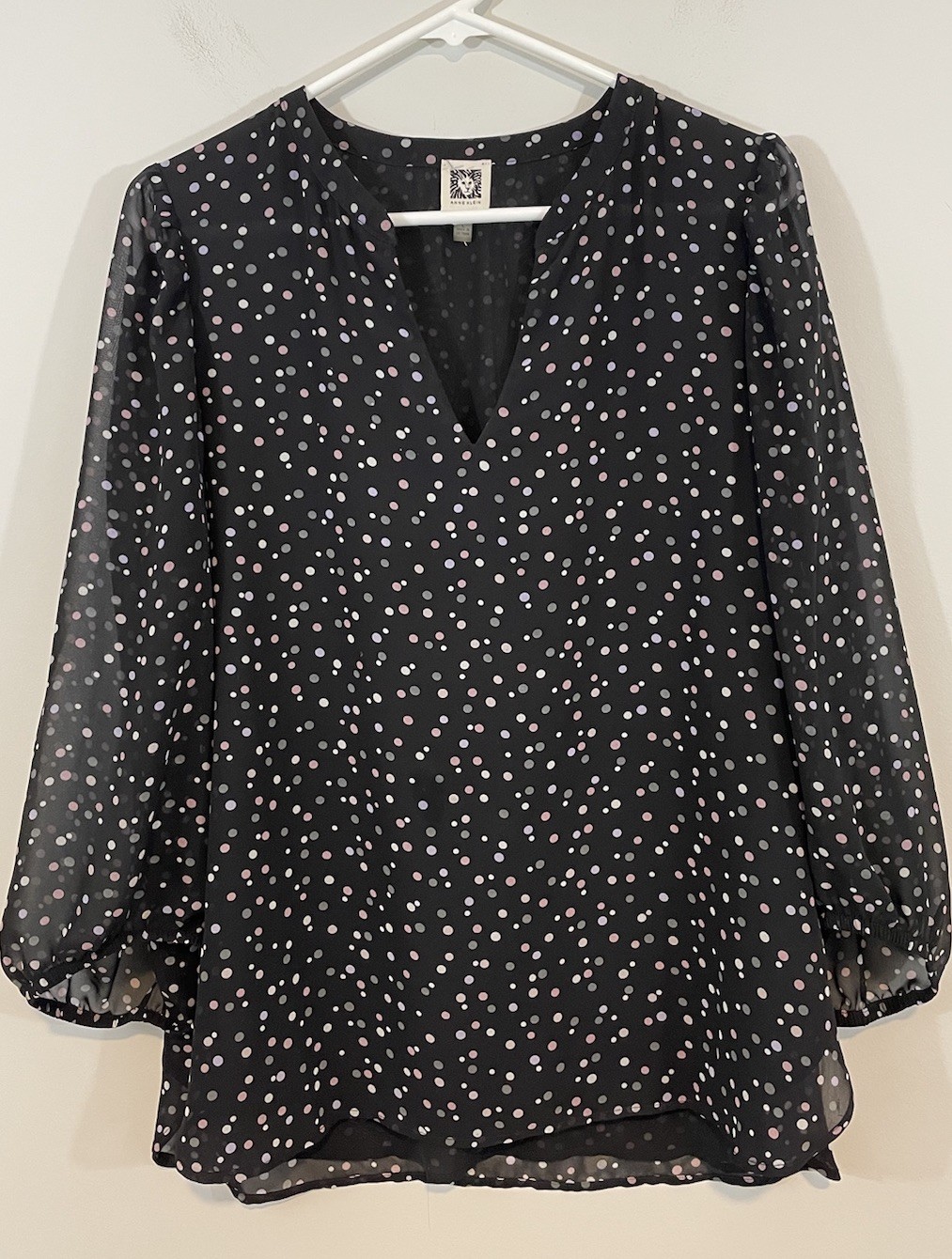 Anne Klein blouse top women large Black Polka Dot Flowy vNeck sheer sleeve layer