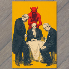 PEGATINA Diablo Susurrando Hombres Estilo Vintage Rojo Demonio Fondo Amarillo Surrealista