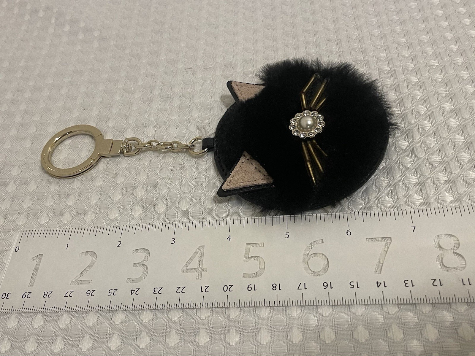 KATE SPADE Star Bright Cat Key Fob Bag Charm Black Leather Faux Fur NWT Retired thumbnail 10