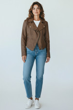 Women's Vegan Biker Jacket PU Faux Leather Asymmetric Zip Wide Lapel Mocha Brown