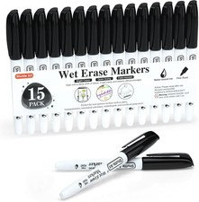 Shuttle Art Wet Erase Markers, 15 Pack Black 1mm Fine Tip Smudge-Free Markers, U